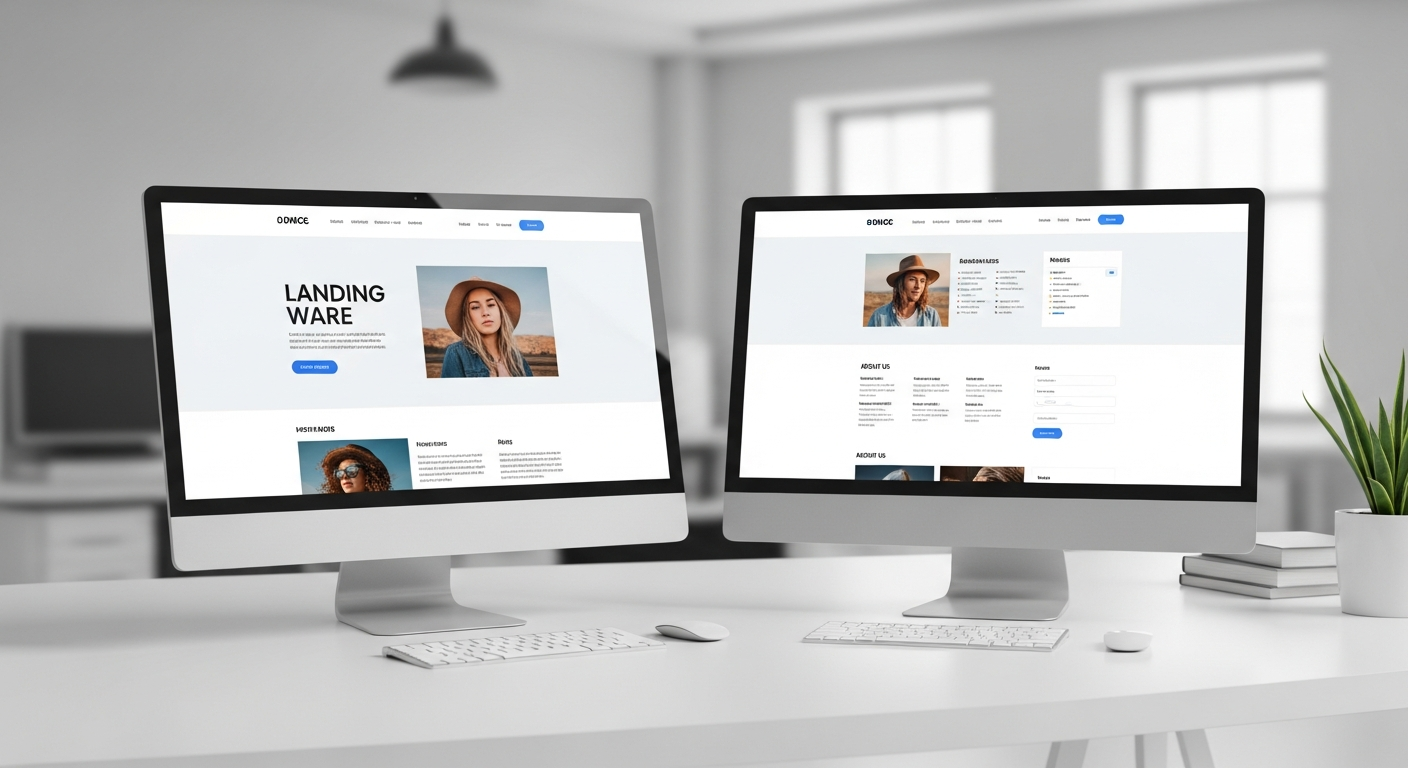 Comparativo visual entre landing page e site institucional